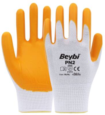 Beybi PN2 Polyester Astarlı Örme Nitril Kaplı Eldiven Sarı-Beyaz No 10 - 